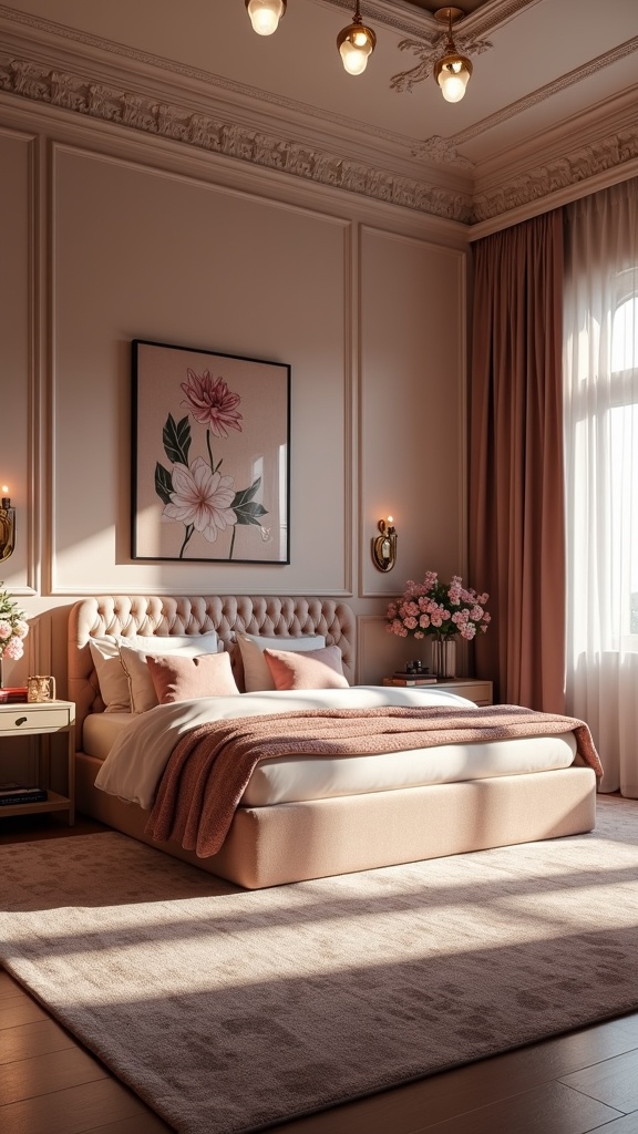 An elegant bedroom with a tufted headboard, soft blush colors, floral artwork, and warm lighting.