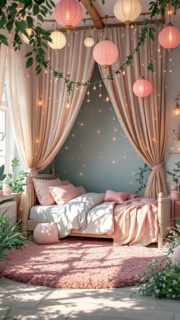 A cozy bedroom with soft curtains, hanging lanterns, and plants, creating a fairytale atmosphere.