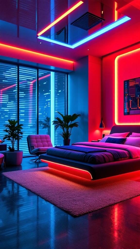 A futuristic bedroom with red and blue lighting, modern furniture, and large windows.