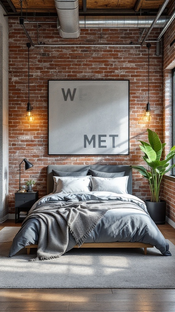 An industrial loft style bedroom featuring a brick wall, gray bedding, and stylish lighting.