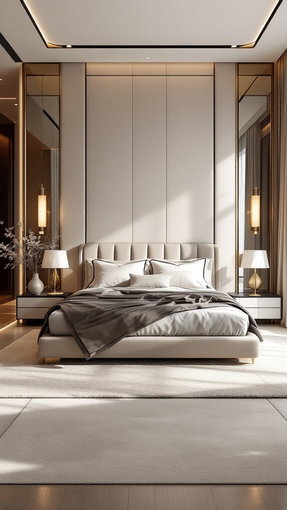 A modern luxury bedroom featuring a plush bed, stylish lamps, and elegant decor.