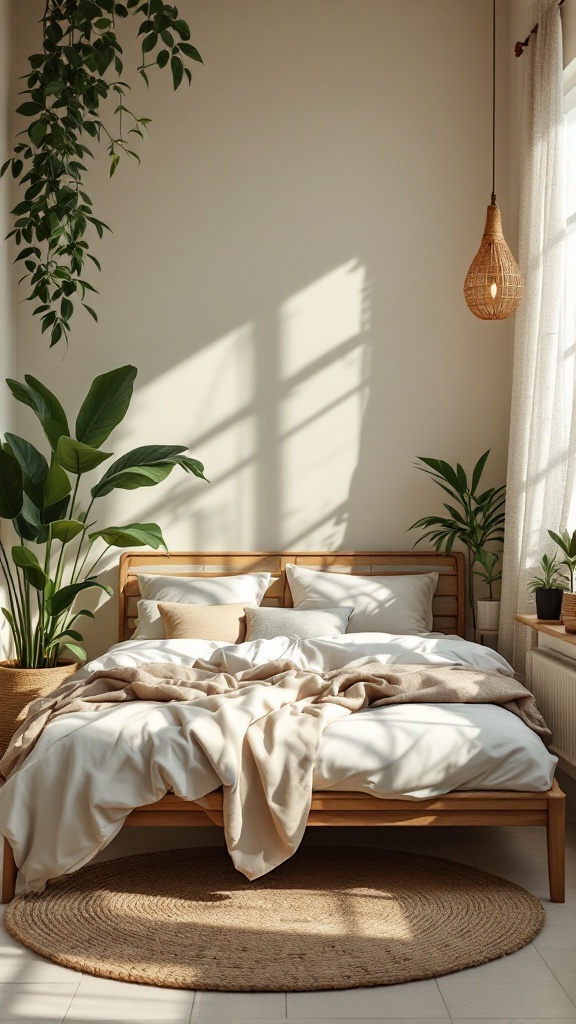 A cozy Bloxburg bedroom featuring a wooden bed, soft linens, indoor plants, and warm lighting.