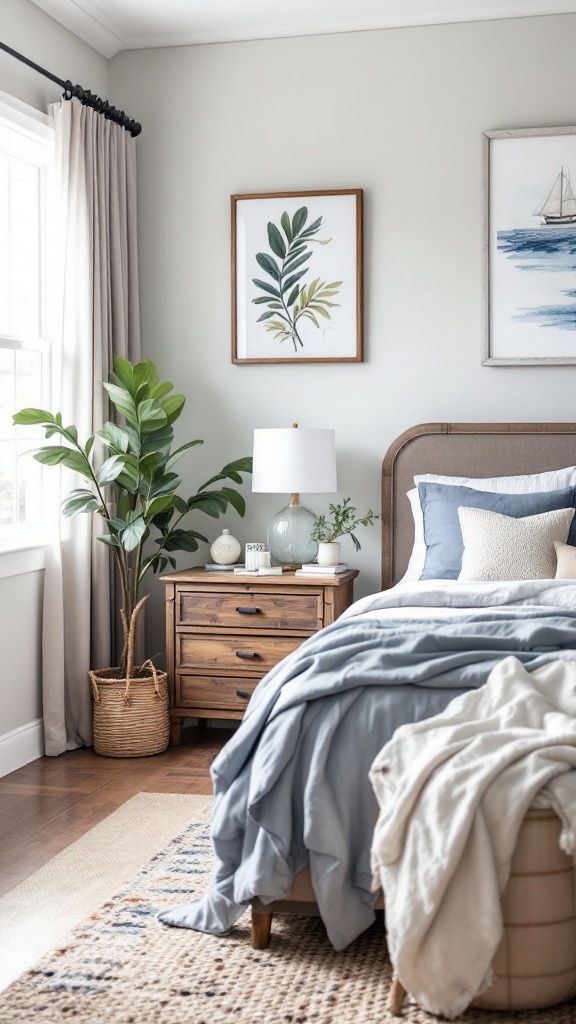 A serene bedroom featuring light blue bedding, wooden furniture, and coastal-themed decor.