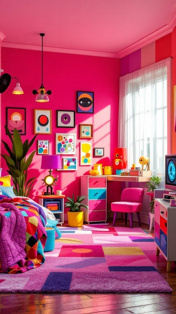 A vibrant retro 80s style bedroom with bright pink walls, geometric patterned rug, colorful bedding, and playful decor.