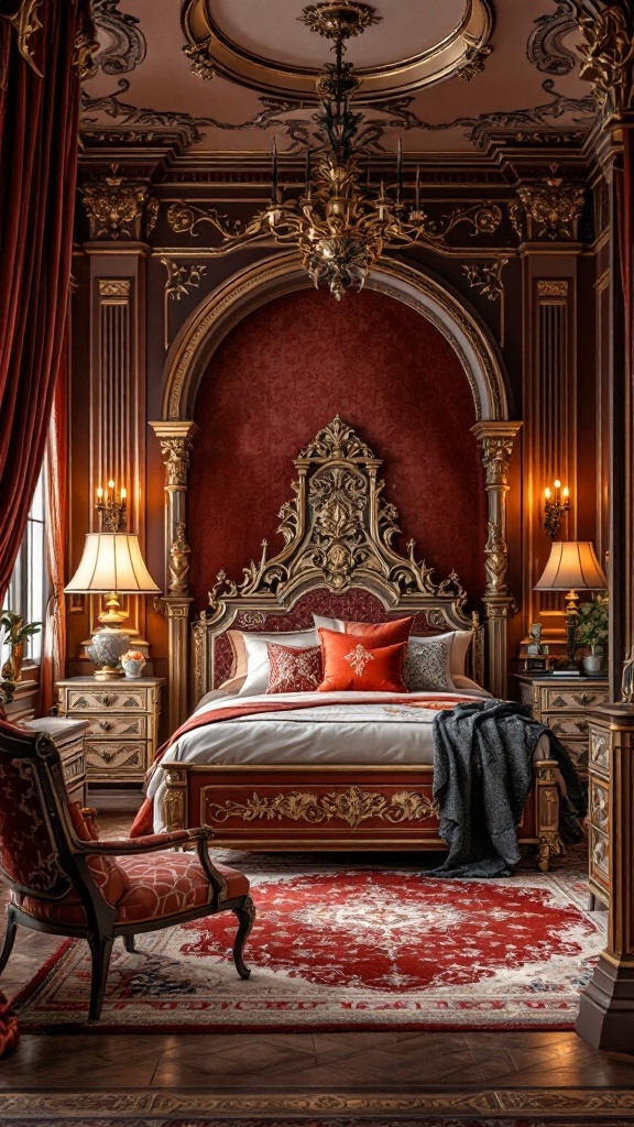 A luxurious bedroom with ornate furnishings, rich red and gold colors, and soft lighting, resembling a royal palace suite.