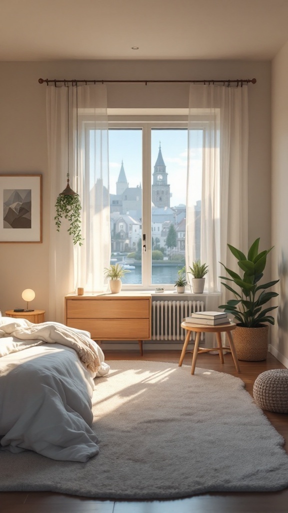 A serene bedroom featuring soft curtains, plants, and natural wood furniture, creating a calming atmosphere.