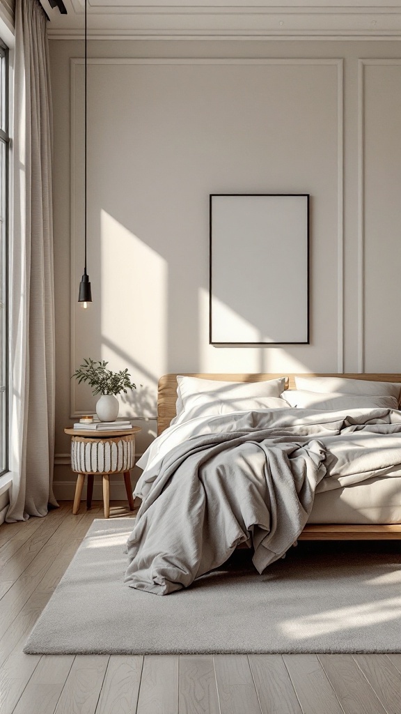 A Scandinavian style bedroom with a wooden bed, light bedding, and a side table with a plant