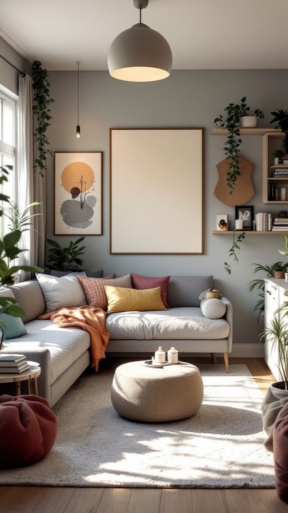 A stylish teen hangout featuring a cozy sectional sofa with colorful cushions, plants, and a central coffee table.