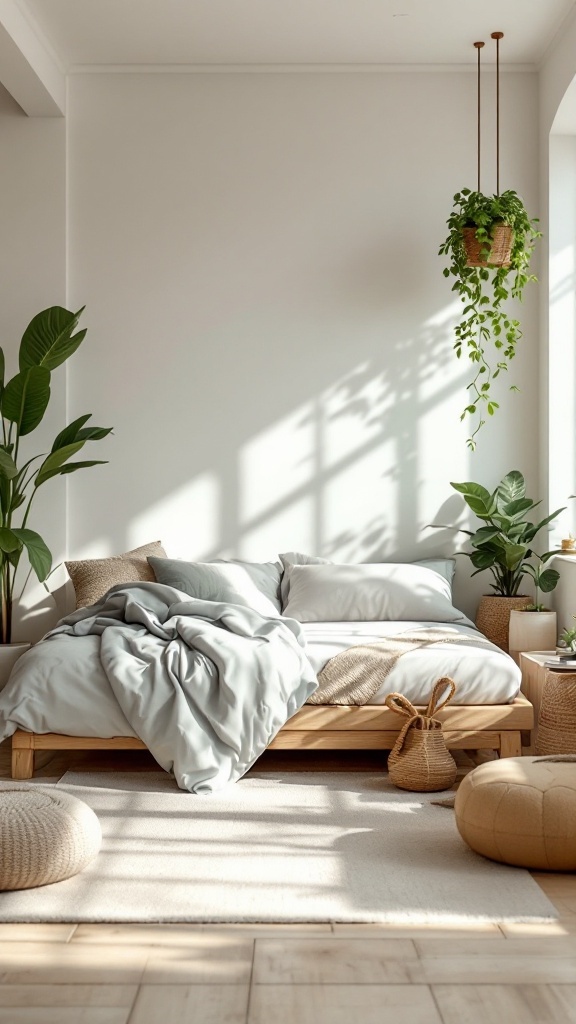 A cozy, sustainable bedroom with natural elements and greenery.