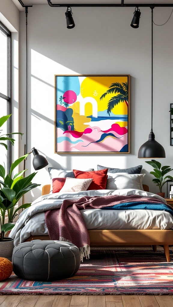 A stylish urban chic loft bedroom with large windows, colorful artwork, and cozy bedding.