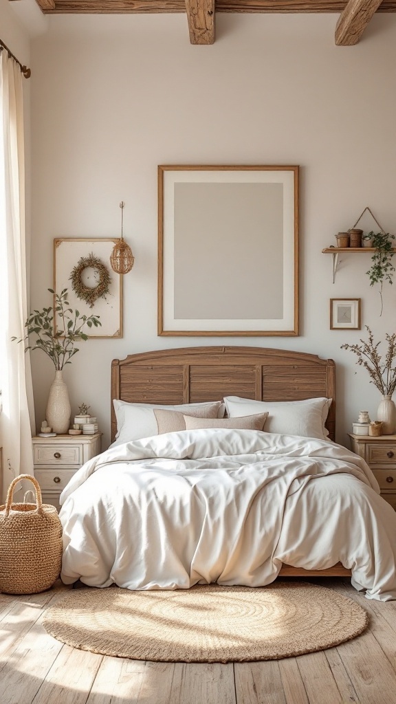 A cozy vintage farmhouse bedroom featuring a wooden bed, layered white bedding, and natural decor elements.