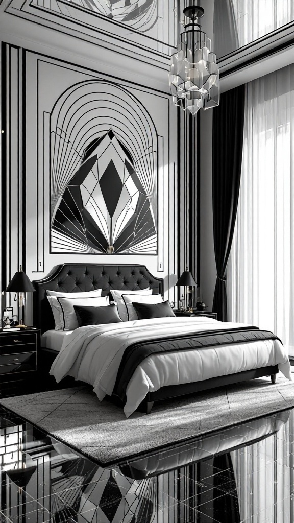 Art Deco inspired black and white bedroom featuring geometric patterns and luxurious details.