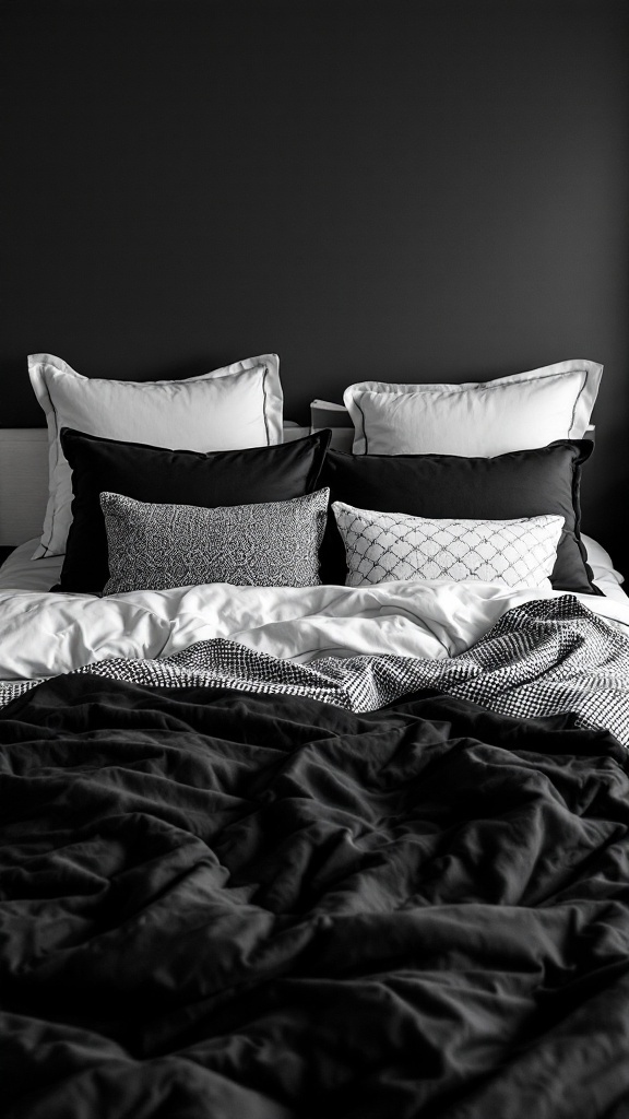 Cozy black and white bedding with various pillow designs