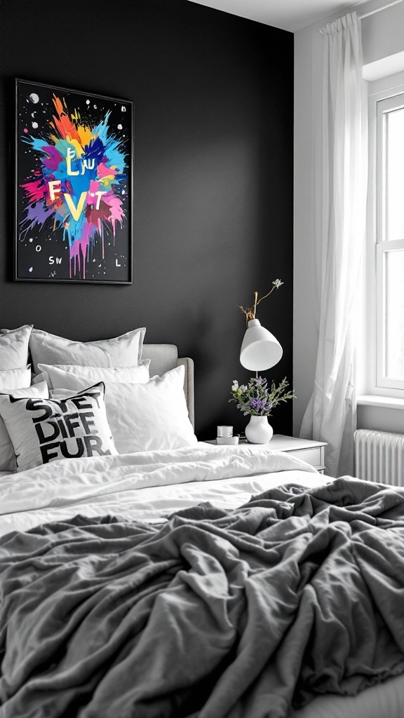 A modern bedroom featuring a bold black accent wall, white bedding, and colorful artwork.