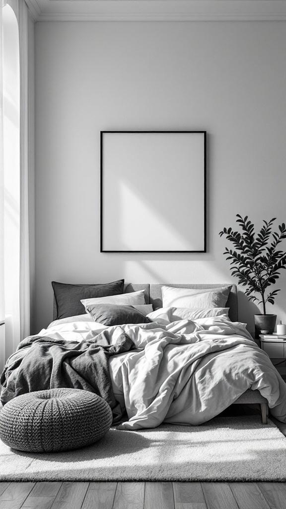 A minimalist black and white bedroom featuring a cozy bed with gray bedding, soft pillows, a pouf, and a plant, all contributing to a calming atmosphere.