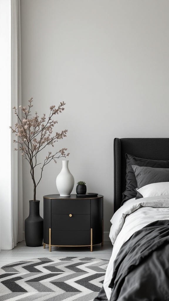 A stylish bedroom featuring black furniture, including a round nightstand and black decorative vase, with gray bedding and a patterned rug.