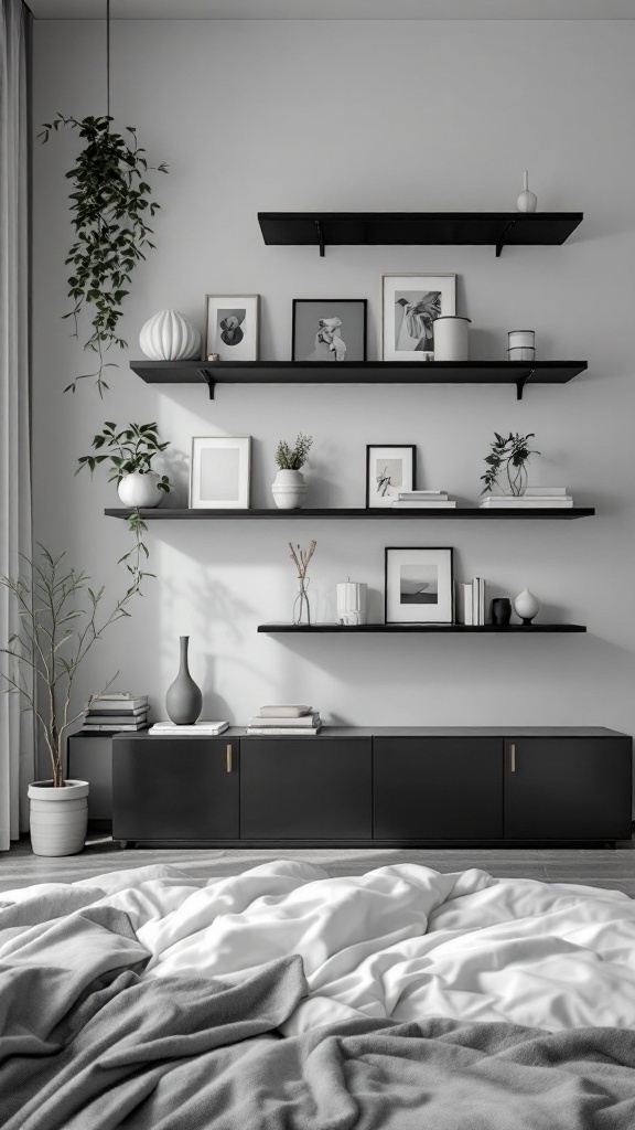 A contemporary black wall shelf setup in a stylish bedroom, featuring framed pictures, decorative items, and plants.