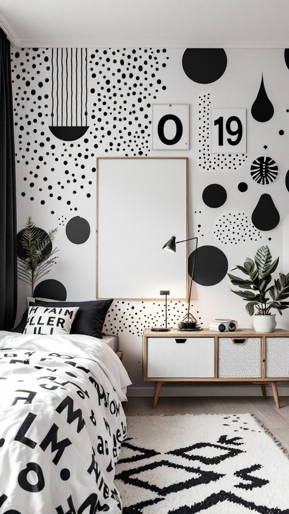 A stylish black and white bedroom with contrasting patterns on the wall and bedding.