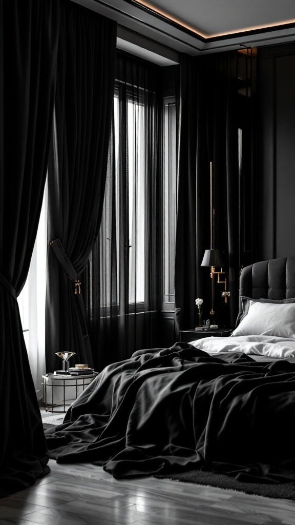 A stylish bedroom with elegant black drapes, showcasing a modern design.