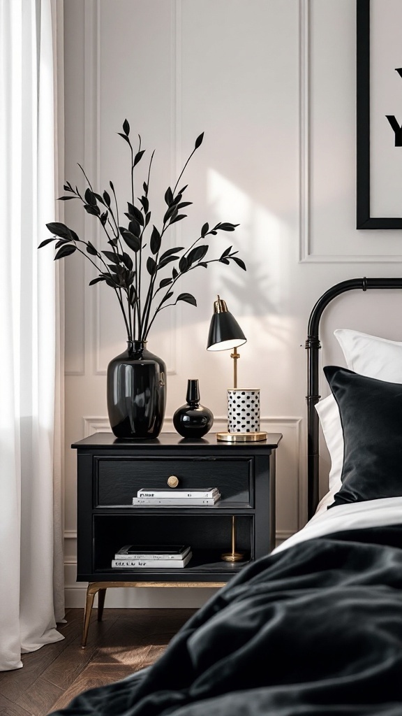 A stylish black and white bedroom with a black nightstand adorned with monochrome accessories.