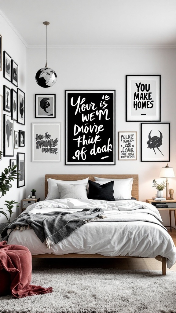 A black and white bedroom featuring a gallery wall of graphic monochrome art.