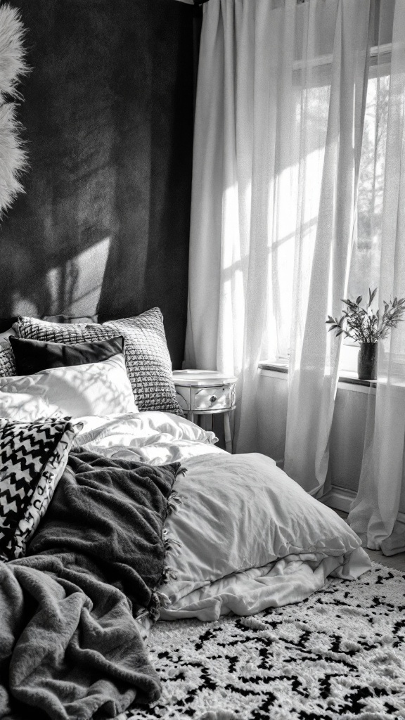 A cozy black and white bedroom featuring layered textures with cushions, blankets, and a soft rug.