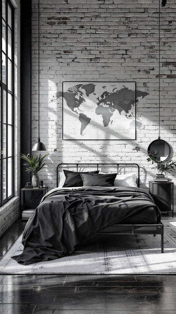 A modern industrial styled bedroom featuring an exposed brick wall, black bedding, and large windows.