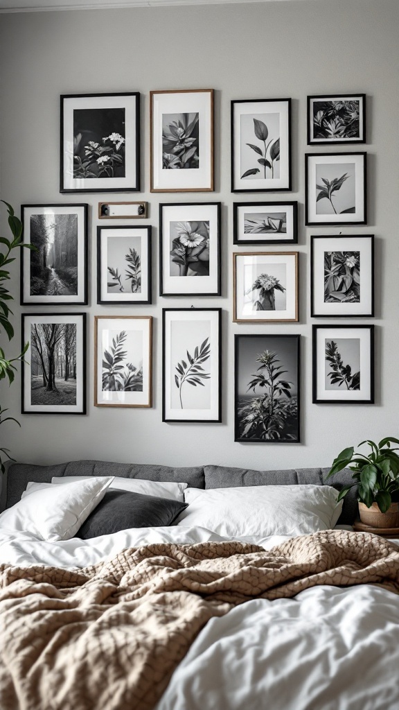 A cozy bedroom with a monochrome gallery wall featuring various black and white framed images above a neatly made bed