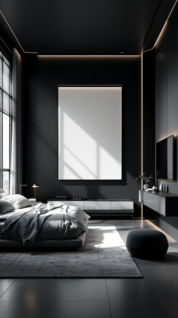 A modern black and white bedroom featuring minimalistic design with dark walls, soft bedding, and elegant lighting.