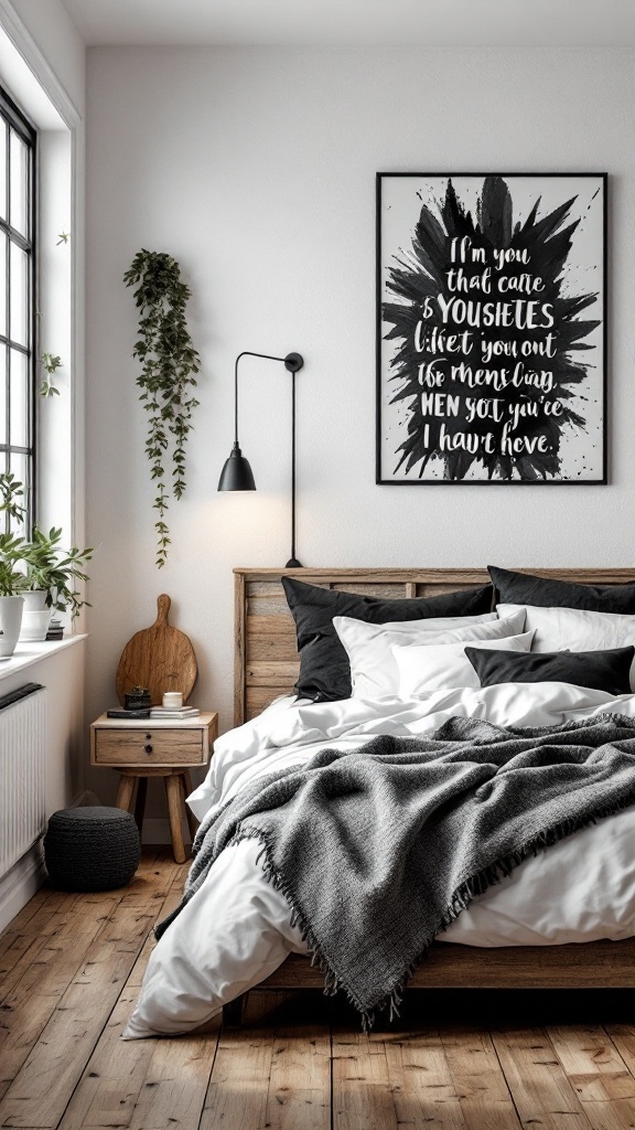 A rustic black and white bedroom featuring a wooden bed, textured blankets, and plants.