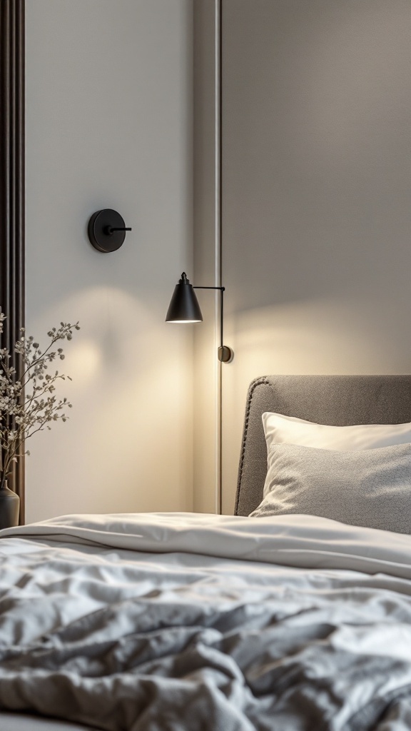 A cozy bedroom with black sconces on the wall, showcasing a black and white theme.
