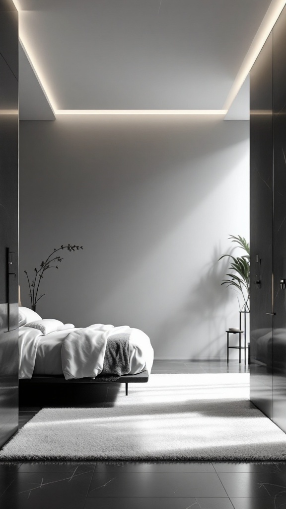 A serene black and white bedroom with soft bedding and minimalist decor, featuring natural light and a plant.