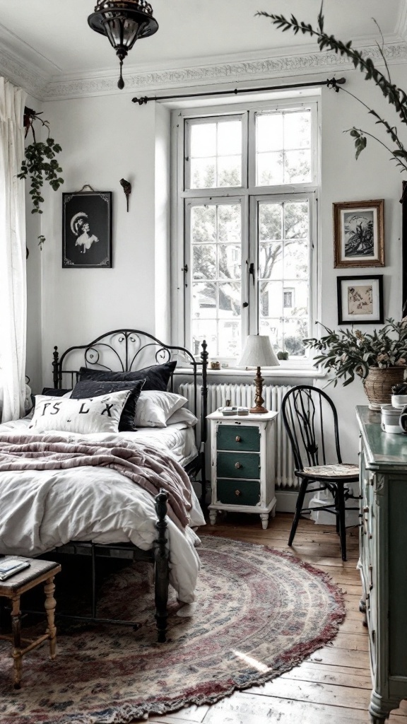 A vintage black and white bedroom featuring an iron bed, framed artwork, and cozy decor.
