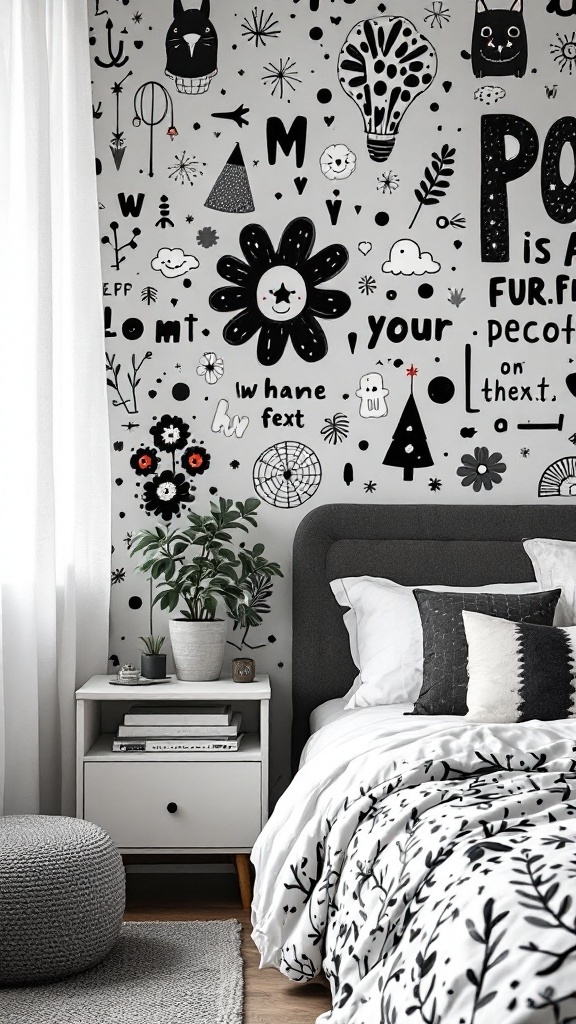 A black and white bedroom featuring whimsical wall patterns with playful designs.