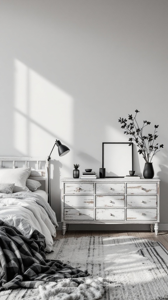 A stylish black and white bedroom featuring a whitewashed wooden dresser, cozy bedding, and decorative plants.