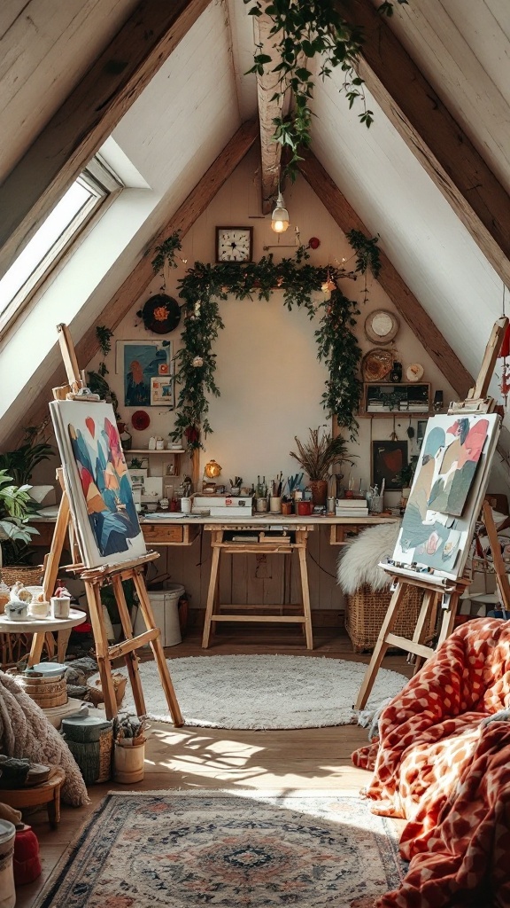 A cozy attic bedroom designed as an artistic studio, featuring easels, plants, and a warm color palette.