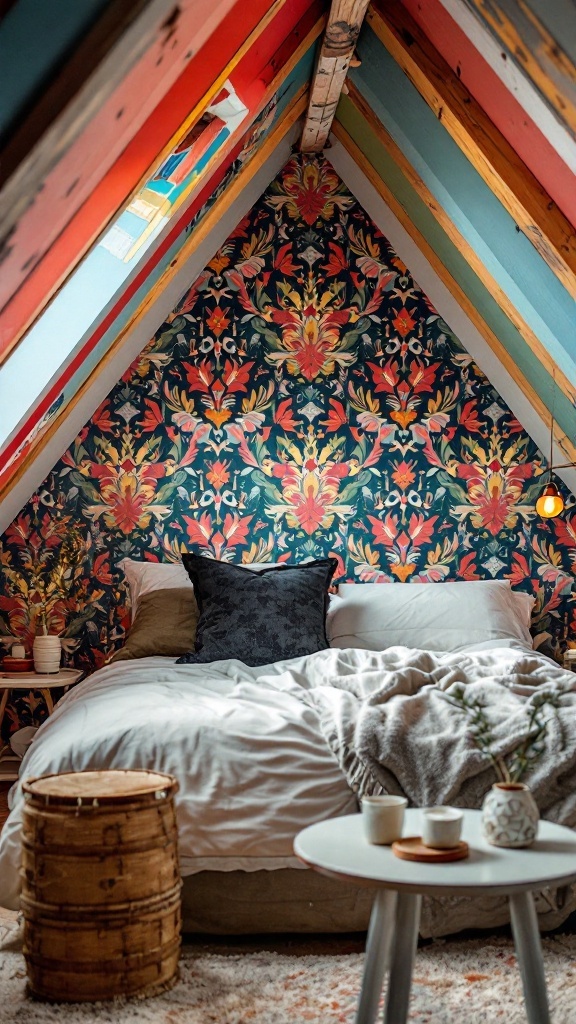 A cozy attic bedroom featuring bold floral wallpaper on a statement wall, with a bed and decorative elements.