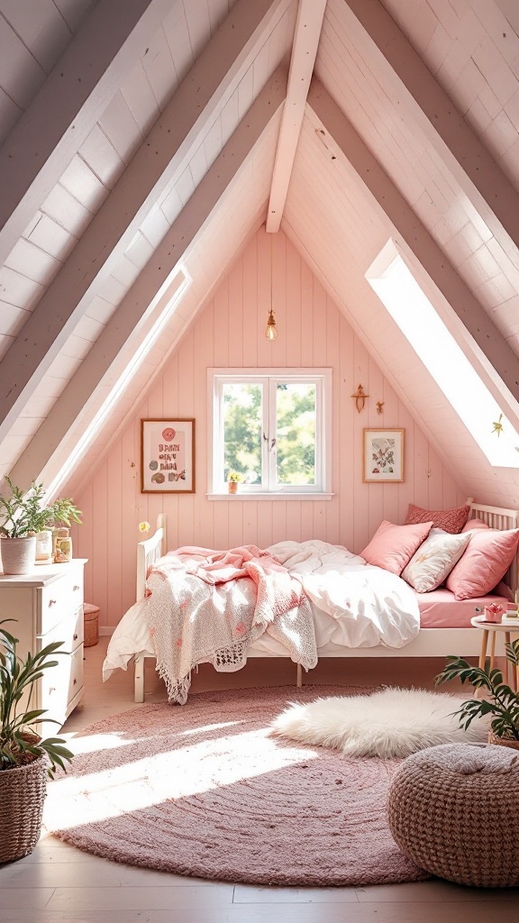 A bright attic bedroom with pastel pink walls, a cozy bed, fluffy pillows, and plants, featuring a warm and inviting atmosphere.