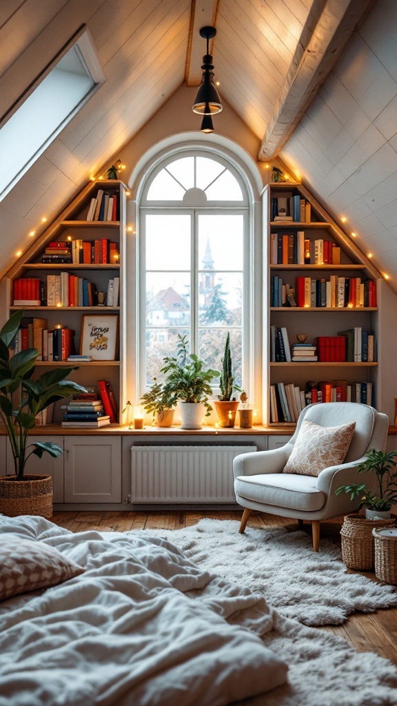 Cozy attic bedroom with bookshelves, a reading chair, and warm lighting