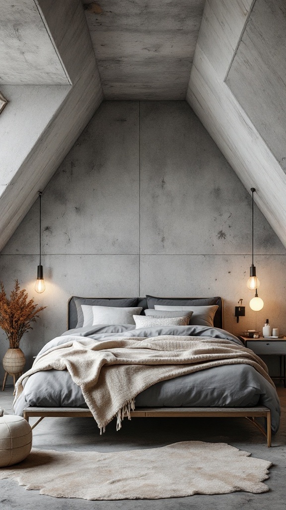 Chic industrial-style attic bedroom with gray bedding, concrete walls, and pendant lighting.