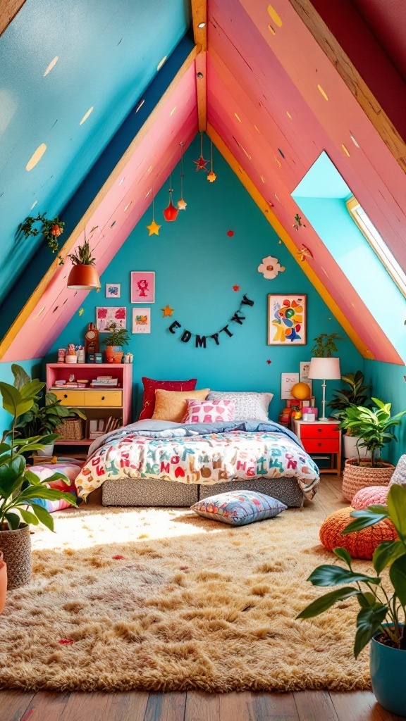 A colorful attic bedroom with blue and pink walls, plants, and cozy decor.