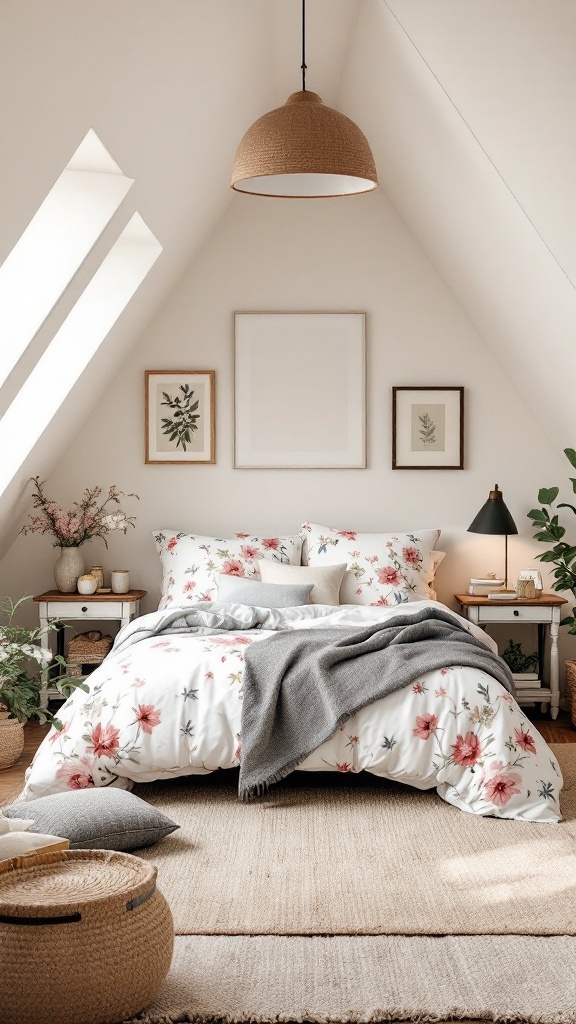 A cozy attic bedroom featuring floral bedding, slanted ceilings, and natural decor.