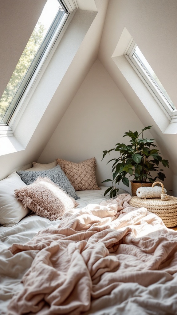 Cozy attic bedroom with skylights, soft bedding, and a potted plant