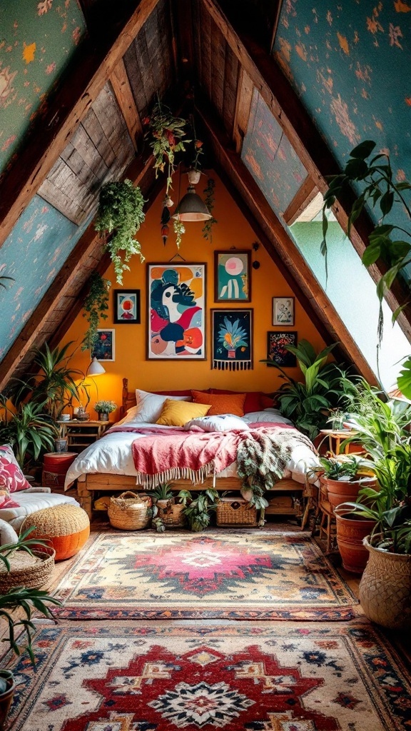 An eclectic bohemian attic bedroom featuring colorful decor, plants, and a cozy bed.