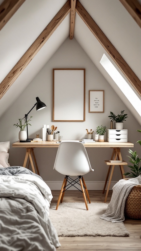 A cozy attic workspace featuring a wooden desk, white chair, and plants.