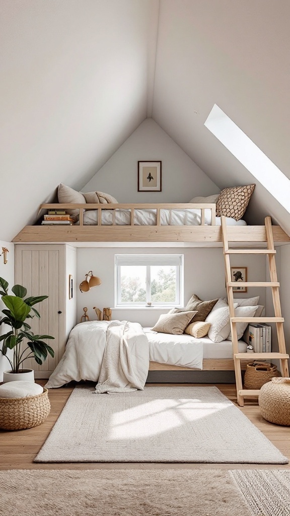 A cozy attic bedroom featuring a lofted bed with a wooden frame, soft bedding, and decorative pillows, along with a lower bed area, plants, and warm lighting.