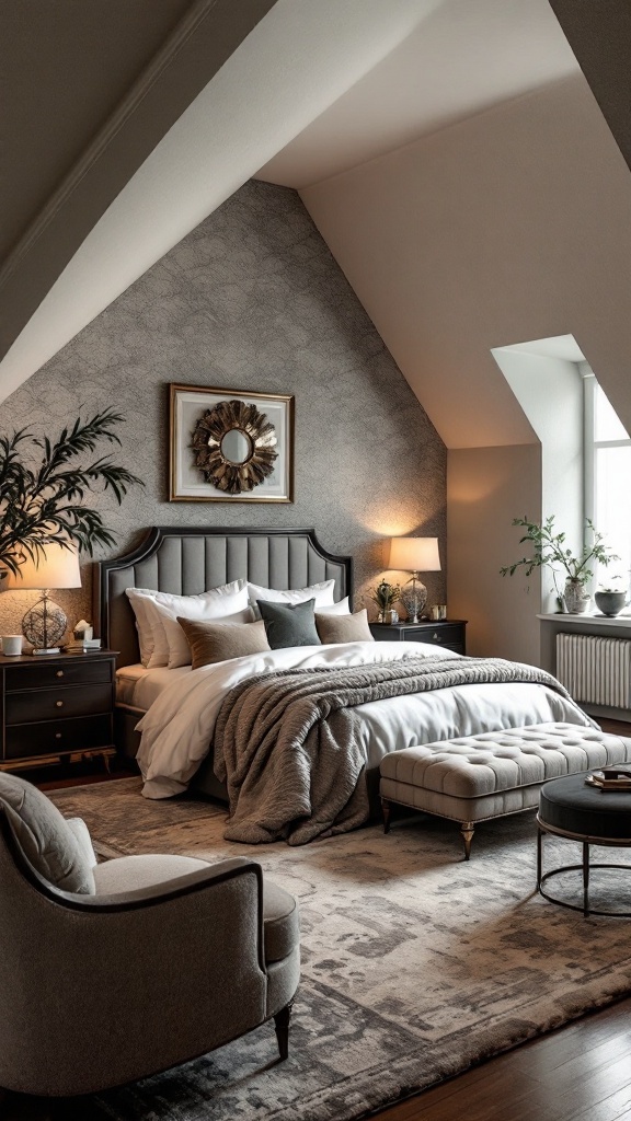 Luxurious attic bedroom with elegant decor and comfortable furnishings