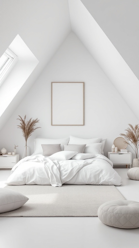 A minimalist attic bedroom featuring white walls, a slanted roof, a comfortable bed with soft white linens, and natural elements like dried plants.