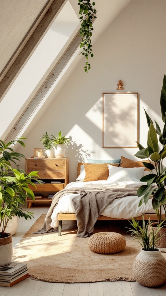 A cozy attic bedroom with plants, wooden furniture, and natural light