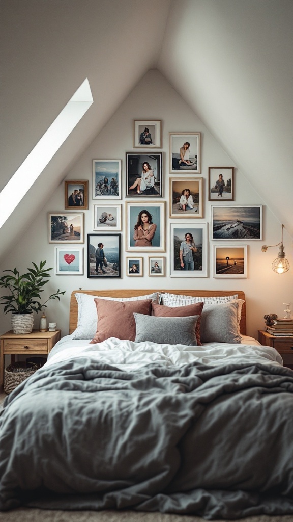 A cozy attic bedroom featuring a gallery wall of framed photos, with a bed adorned in soft gray bedding and decorative pillows.